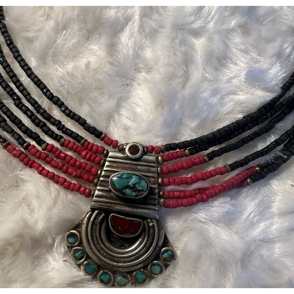 Southwestern Beaded Pendant Necklace Turquoise Coral Amulet Asymmetrical Ethnic